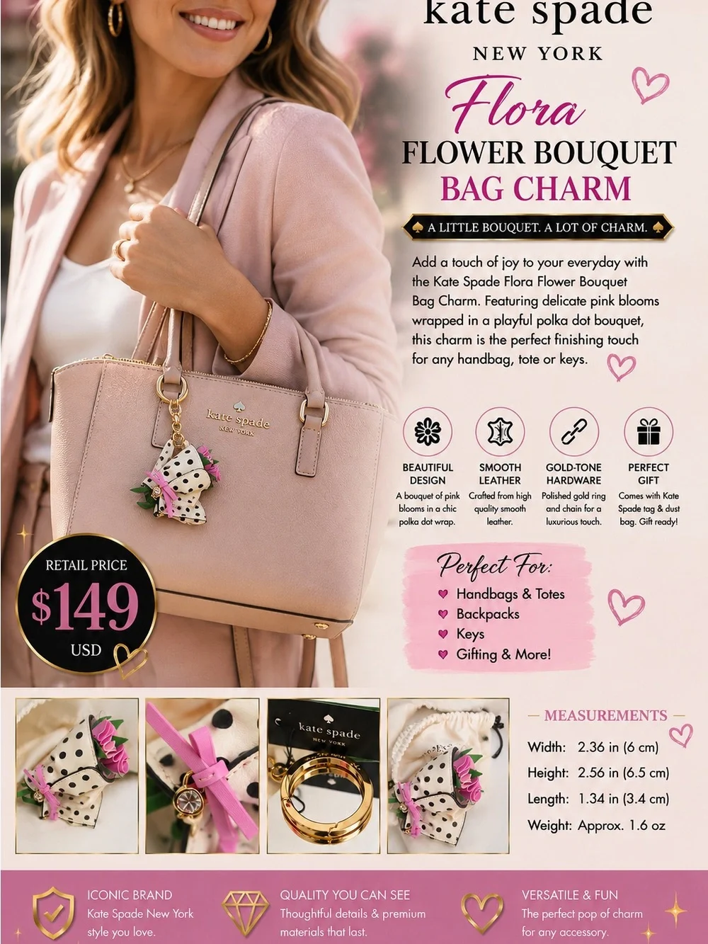 Kate Spade ♠️  Flora bouquet 💐 Polka Dot Flower bag charm NWT